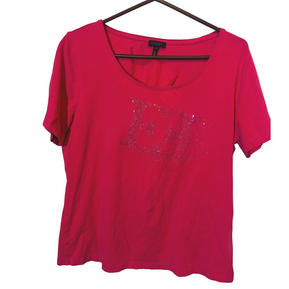Escada Womens XL Fuchsia Pink Rhinestone Logo Scoop Neck Short Sleeve T-Shirt